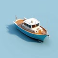 Small blue boat on top of light blue background. The boat is sitting in water, and it appears to be well-maintained Royalty Free Stock Photo