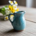 Small blue ceramic pitcher with a smooth, glossy finish and a subtle speckled pattern, placed on a Royalty Free Stock Photo