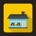 Small blue cottage icon, flat style Royalty Free Stock Photo