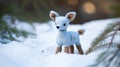 Blue Knitted Deer Toy In Snow: Delicate Stuffed Animal With Intricate Patterns