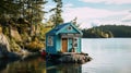 A small blue house sitting on top of a lake. AI generative image. Tiny house, houseboat.