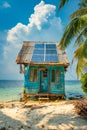 A small blue house with a solar panel on the roof on the beach. Generative AI Royalty Free Stock Photo