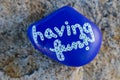 Small blue painted rock with words Having Fun!