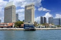 The waterfrontblue pier cafe and skyline of San Diego, CA Royalty Free Stock Photo