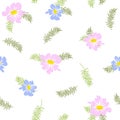 Small, blue, pink flowers and leaves on white isolated background. Seamless vector pattern for paper, fabric, plastic, ceramics