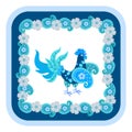 Small blue rooster with sapphire tail and paisley-shaped wings isolated on white background and beautiful frame of flowers