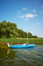 Small blue sailboat moored by reeds, Drawsko Lake, Poland