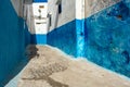 Small blue street in old Town, Medina of Rabat, Morocco. Narrow romantic street between buildings in Moroccan town Royalty Free Stock Photo