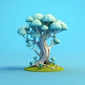 Small, blue tree with white flowers and green leaves. It is located on top of hill or mountain, surrounded by rocks and