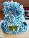 Small blue white hat with pompom for dog or cat crocheted