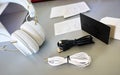 Small Bluetooth headphones, white color, close-up