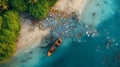 A Small Boat Anchored in a Sea Polluted with Plastic Waste Royalty Free Stock Photo