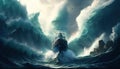 A small boat facing giant waves, a fantasy of courage illustrated in a breathtaking and adventurous scene