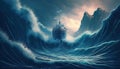A small boat facing giant waves, a fantasy of courage illustrated in a breathtaking and adventurous scene