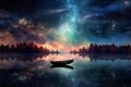 Small boat gliding on a tranquil body of water illuminated by the stars above, AI-generated.