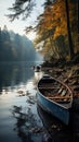 Tranquil Rowboat On Calm Lake: A Stunning Autumn Scene