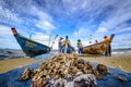 A small boat local fishery group is removing crabs, fish and sea creatures caught from their nets at Jomtien Beach