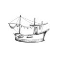 A small boat with a mast and folded sails. Isolated object drawn by hand in graphic technique. Vector illustration for Royalty Free Stock Photo