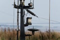 Small boat mast head radio, lights, radar and aerials. Royalty Free Stock Photo