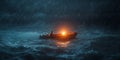 A small boat navigates through a stormy sea. The glowing light cuts through the darkness. This image captures the Royalty Free Stock Photo