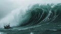Small Boat Navigating a Towering Wave in a Stormy Sea Royalty Free Stock Photo