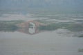 A small boat passing under a brick bridge on a lake in the morning mist Royalty Free Stock Photo