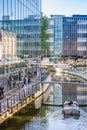 Small boat on the river in the city center of Aarhus Royalty Free Stock Photo