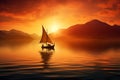 Small boat sailing across serene lake at dawn. Generative AI