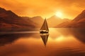 Small boat sailing across serene lake at dawn. Generative AI