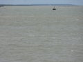 Small boat sailing in sea with mangrove forest in back. Royalty Free Stock Photo