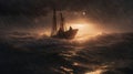 Small boat silhouetted in a heavy storm at sunset in the ocean. AI-generated. Royalty Free Stock Photo