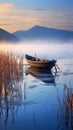 The small boat sitting deep in the gentle mists in Ukraine is a