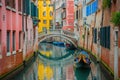 Small Boat Traveling Down Narrow Canal, Peaceful Waterway Scene, A colorful Venetian canal with gondolas gently floating under