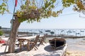 Small boat vintage and terrace at seaside in village of Cap Ferret in Bassin Arcachon France