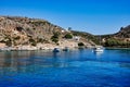 Small Boats in Sea Cove, Schinoussa Greek Island, Greece Royalty Free Stock Photo