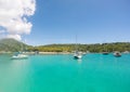 Small boats bringing tourists at Honeymoon Beach on St John - US Virgin Islands, 2019