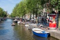 Small boats in canal with historic mansions in Amsterdam