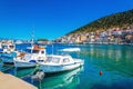 Small boats in cozy port of Pothia, Greece Royalty Free Stock Photo
