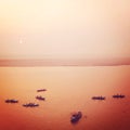 Small boats at Ganga river - vintage effect. Royalty Free Stock Photo