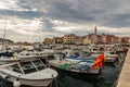 Small boats inside crowded harbor of an old town harbor, Rovinj, Croatia