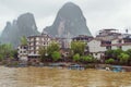 Small boats at the jetties of Xingpingzhen fishing village on the Li River Royalty Free Stock Photo