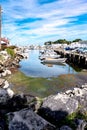 Small boats lining waterfront in Wickford Cove rhode island Royalty Free Stock Photo
