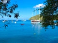 Small boats and many colorful buildings on the coast of Martinique