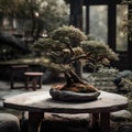 bonsai tree placed on a stone table