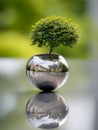 Small bonsai tree planted in a reflective spherical metal pot creating a perfect mirror image on a smooth surface with a natural Royalty Free Stock Photo