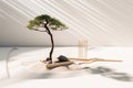 A small bonsai tree sitting on top of a sandy beach. AI generative image