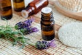 Small bottle with essential lavender oil. lavandula flowers close up. Aromatherapy, spa and herbal medicine ingredients. Royalty Free Stock Photo