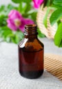 Small bottle with essential oil extract, infusion, tincture on the old wooden background. Aromatherapy, spa and herbal medicine Royalty Free Stock Photo