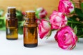 Small bottle with rose oil extract, infusion, tincture, perfume. Fresh roses flowers close-up. Aromatherapy, spa Royalty Free Stock Photo