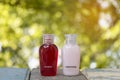 Small bottle of shampoo and conditioner with abstract nature bokeh blur Royalty Free Stock Photo